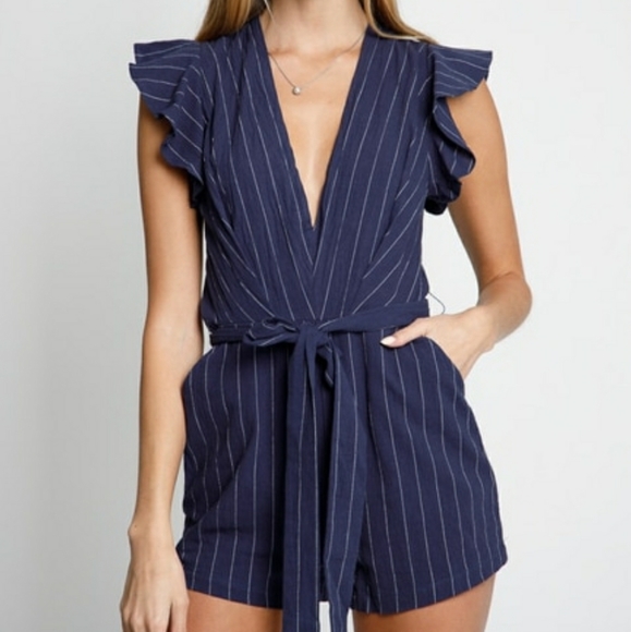 Ruffle Detail Open Back Striped Navy Belted Romper - Picture 4 of 4